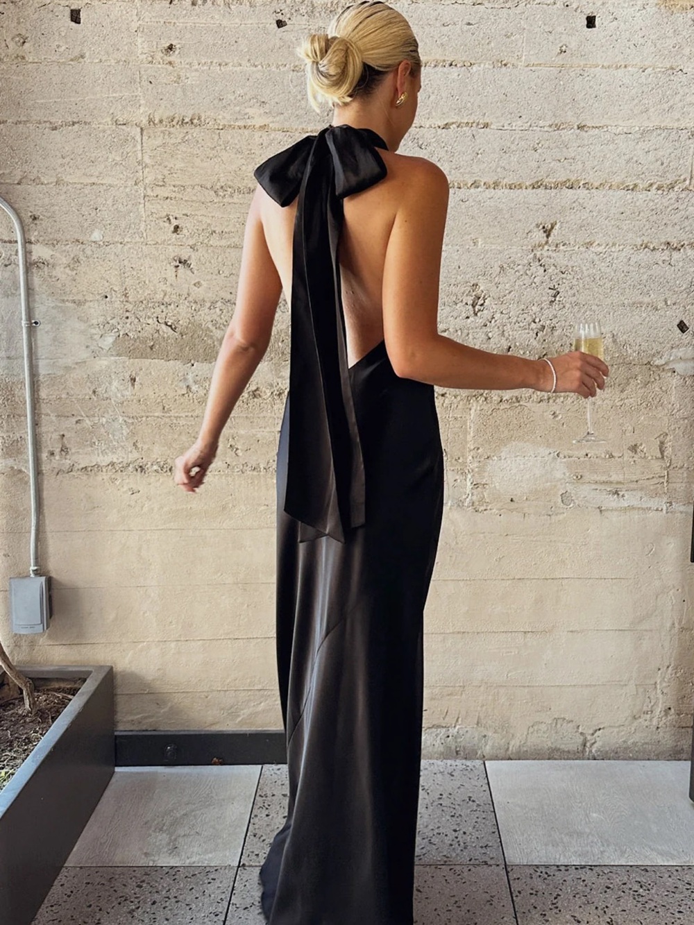 Show Me Your MuMu Black Satin Backless Halter Gown with Bow Tie